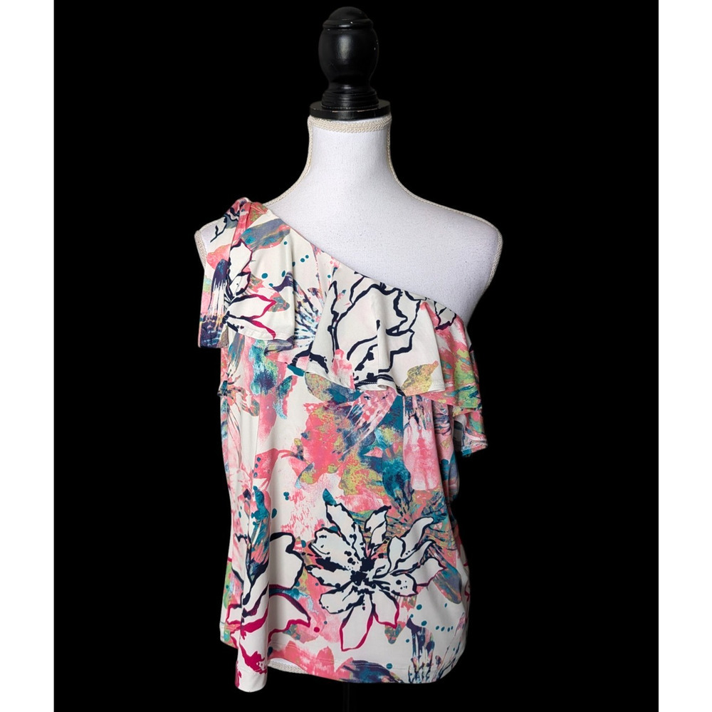 Clara Sun Woo Butter Knit Ribbon One Shoulder Ruffle Neckline Top New Size XL